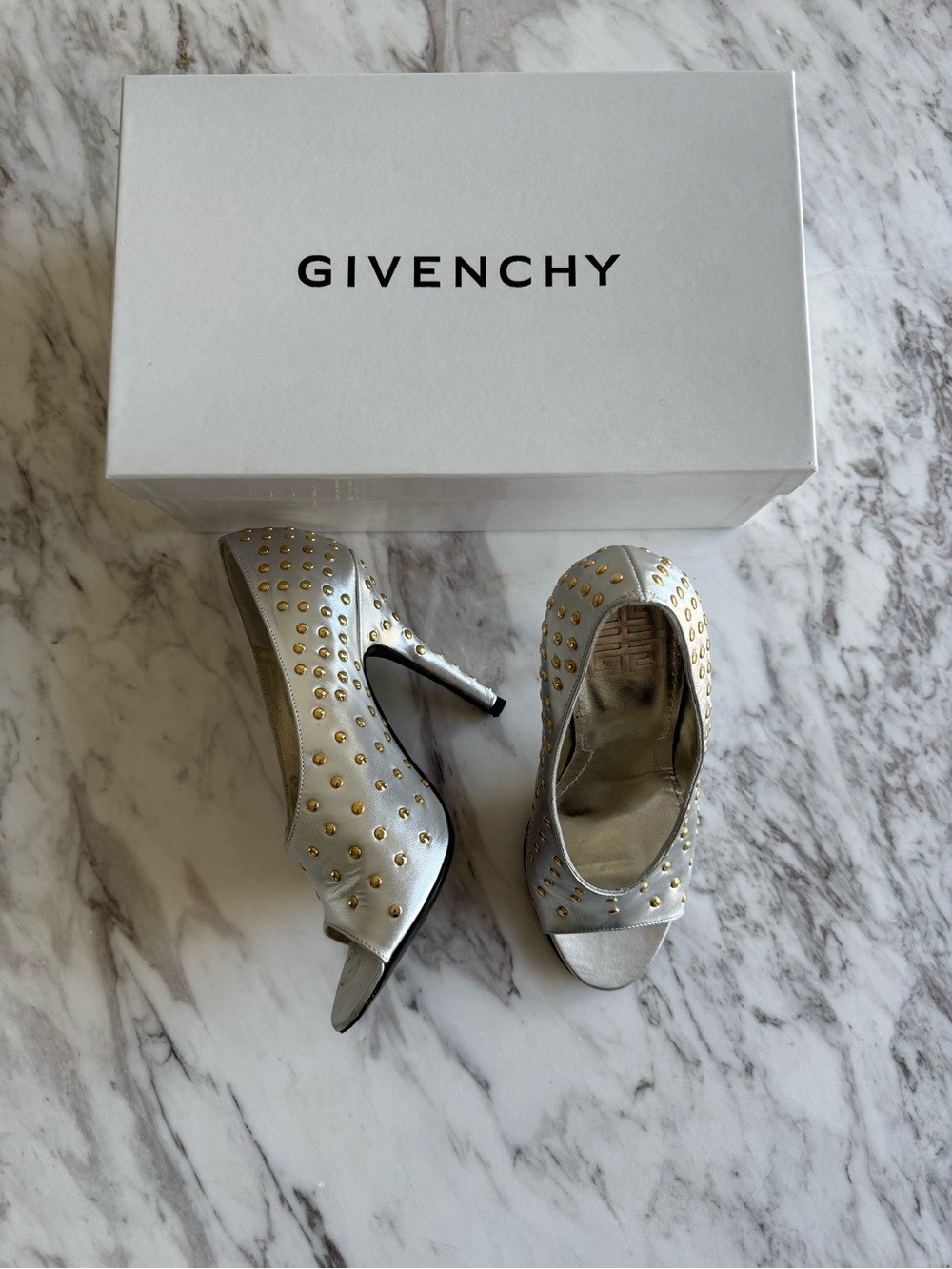 GIVENCHY Metallic Silver Peep-Toe Heels with Gold Studs